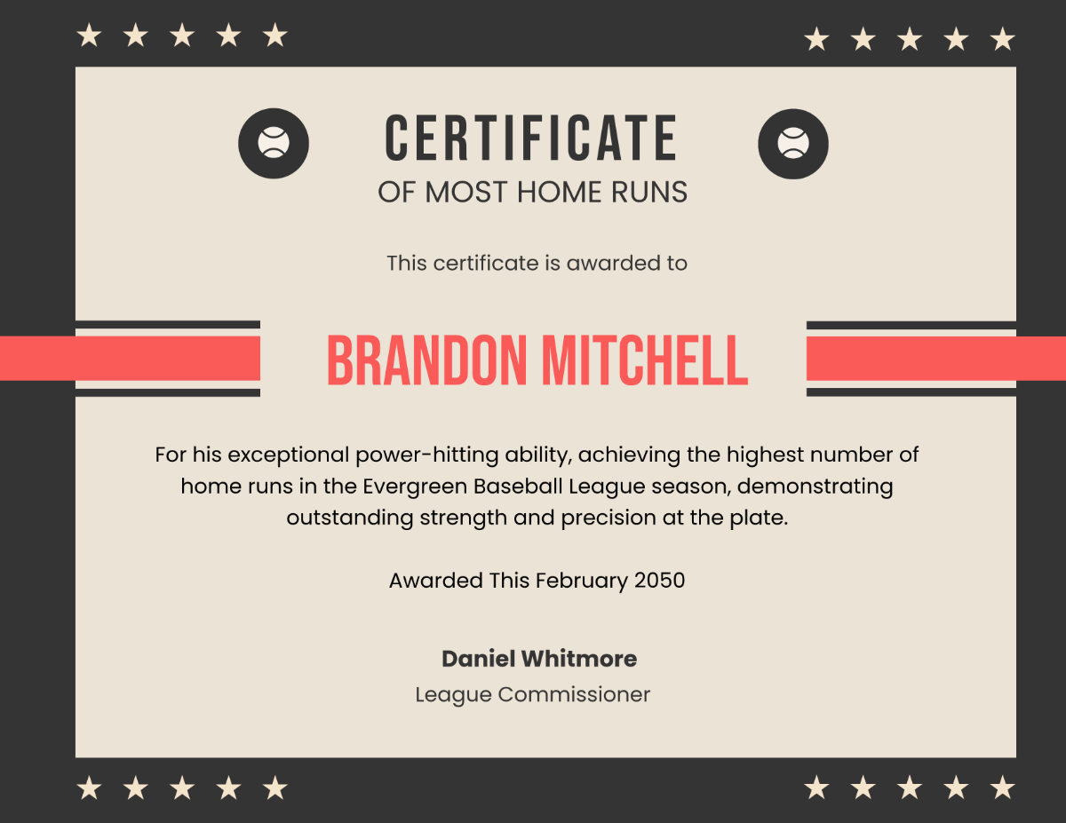 Free Most Home Runs Baseball Certificate Template