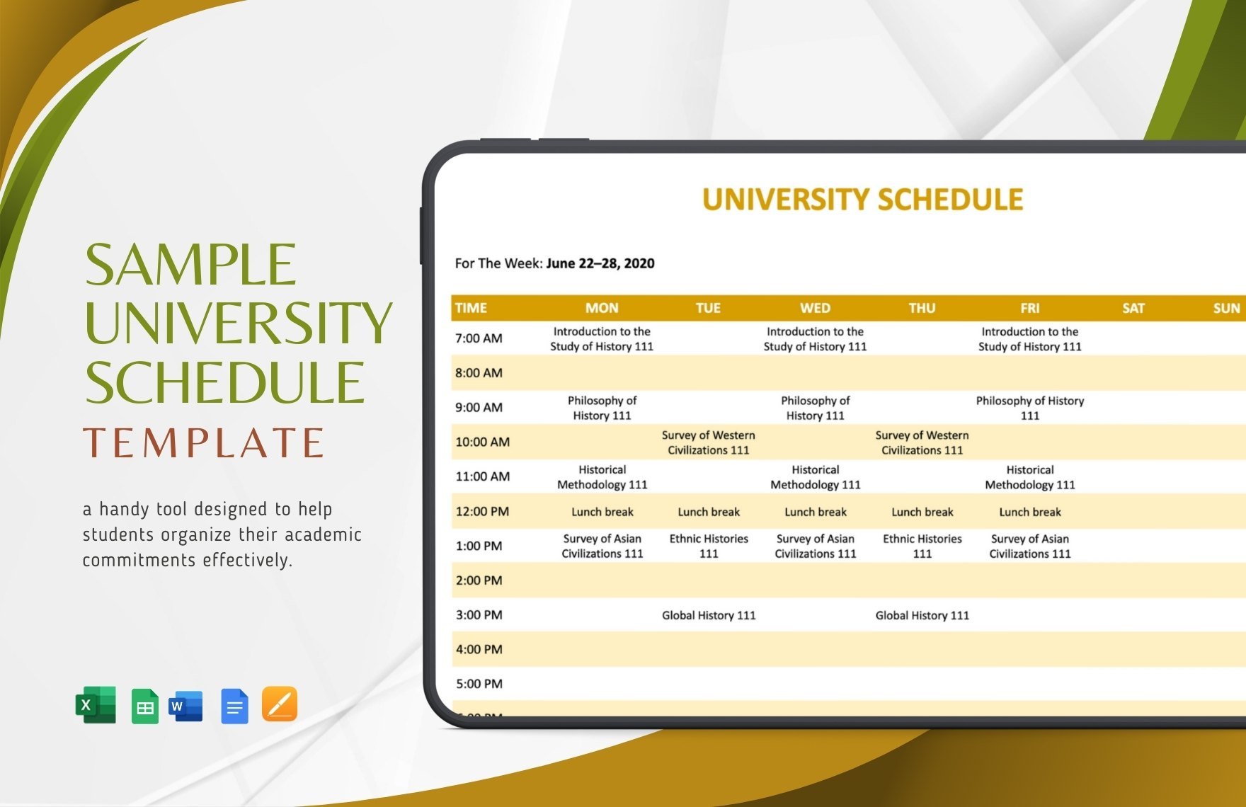 Sample University Schedule Template in Word, Google Docs, Excel, Google Sheets, Apple Pages