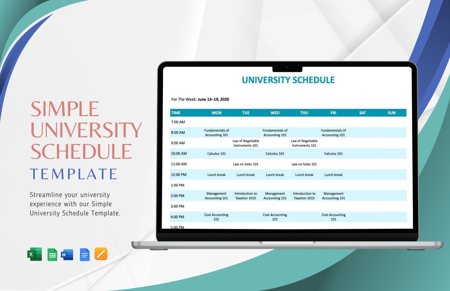 Simple University Schedule Template in Word, Google Docs, Excel, Google Sheets, Apple Pages