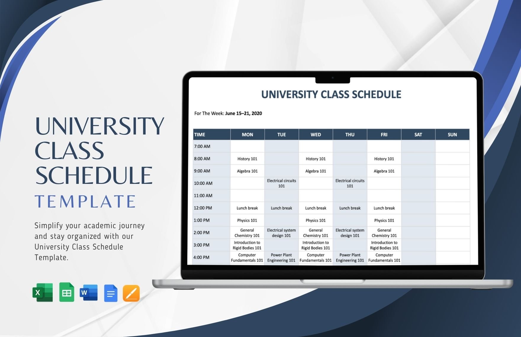 University Class Schedule Template in Word, Google Docs, Excel, Google Sheets, Apple Pages