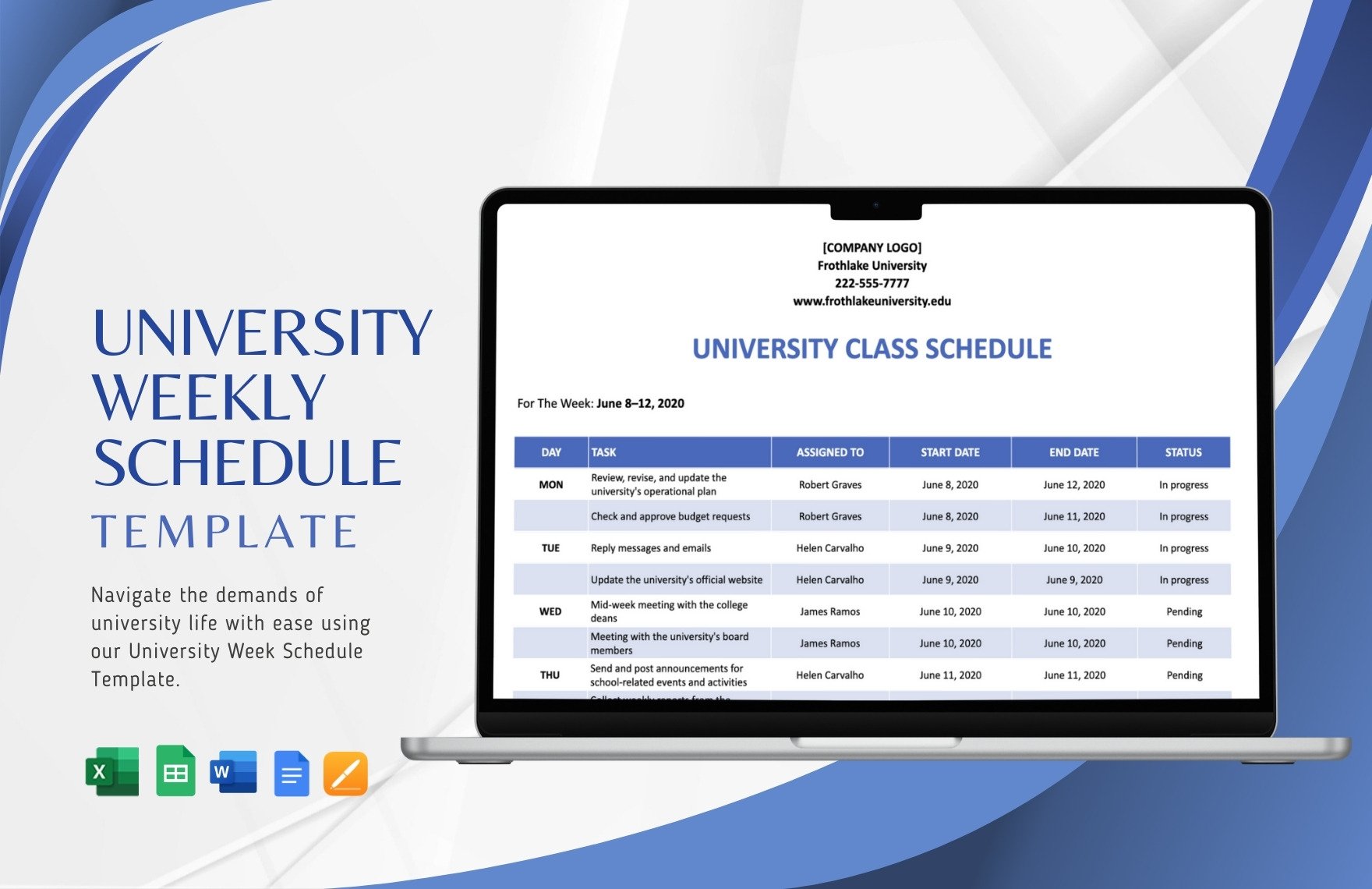 University Weekly Schedule Template in Word, Google Docs, Excel, Google Sheets, Apple Pages