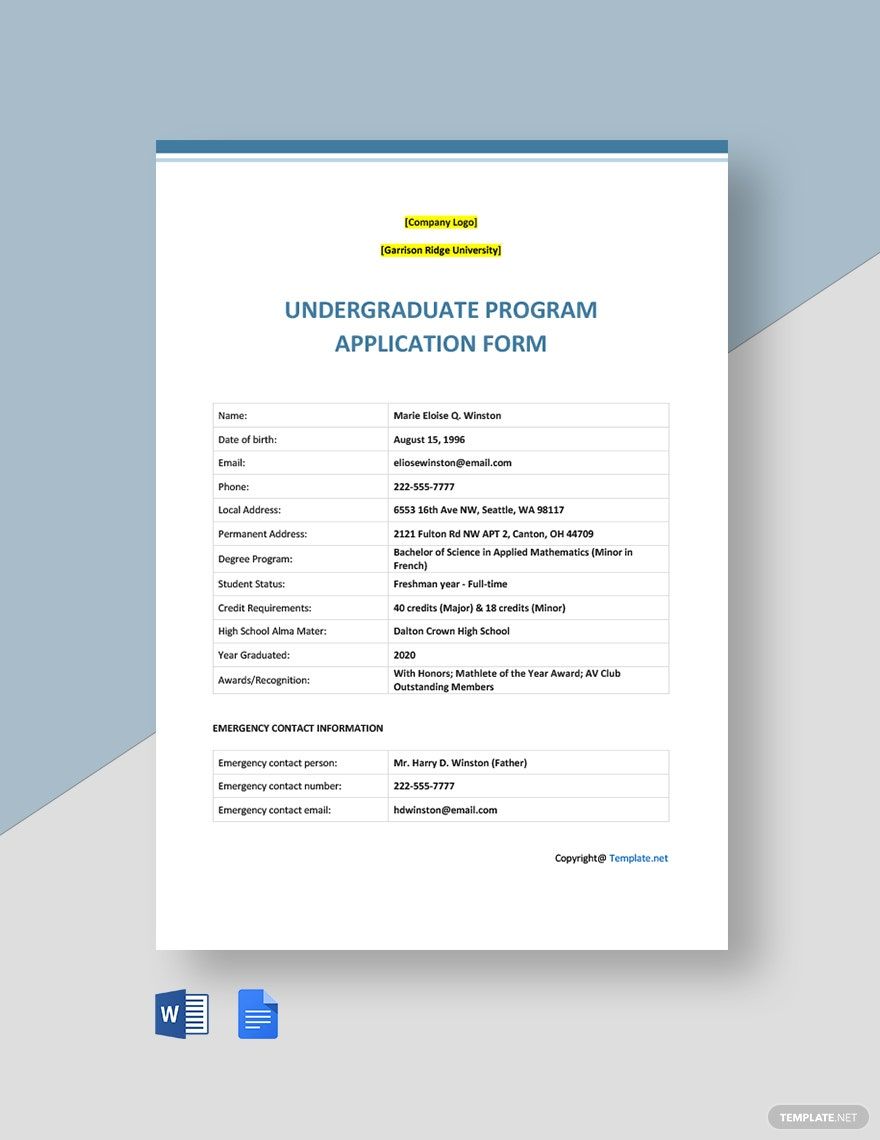 Sample University Application Form Template
