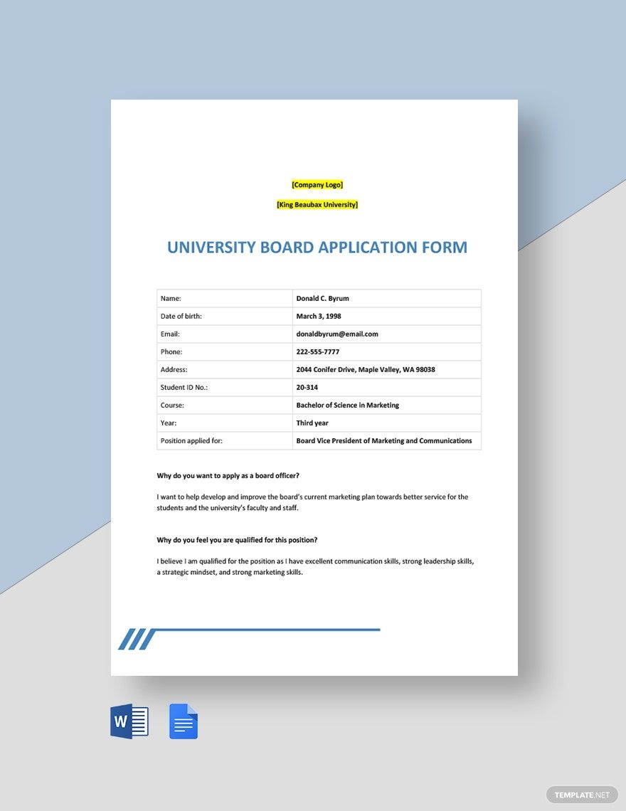 University Board Application Form Template