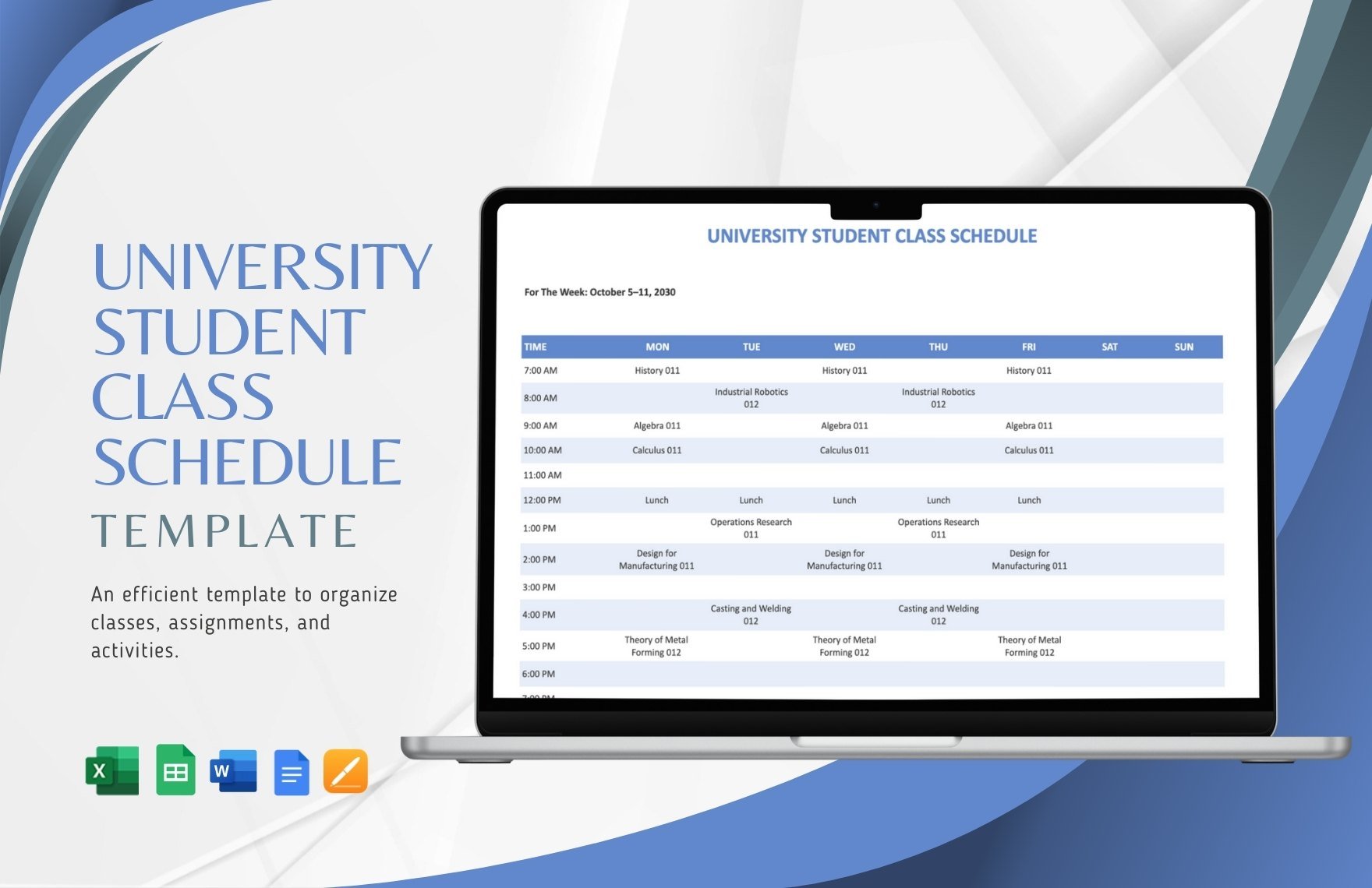 University Student Class Schedule Template in Word, Google Docs, Excel, Google Sheets, Apple Pages