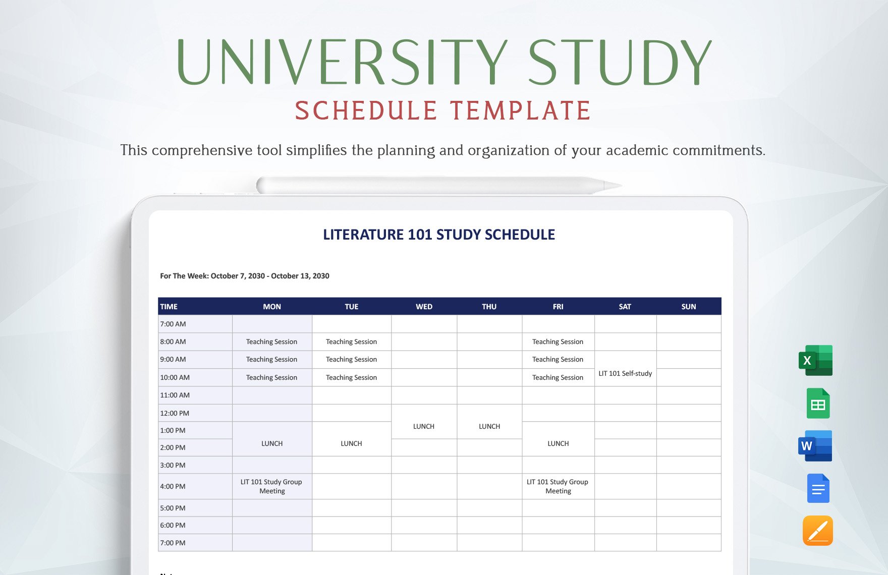 University Study Schedule Template in Word, Google Docs, Excel, Google Sheets, Apple Pages
