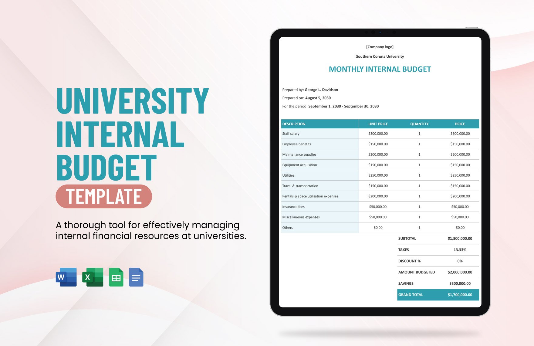 Free University Internal Budget Template in Word, Google Docs, Excel, Google Sheets