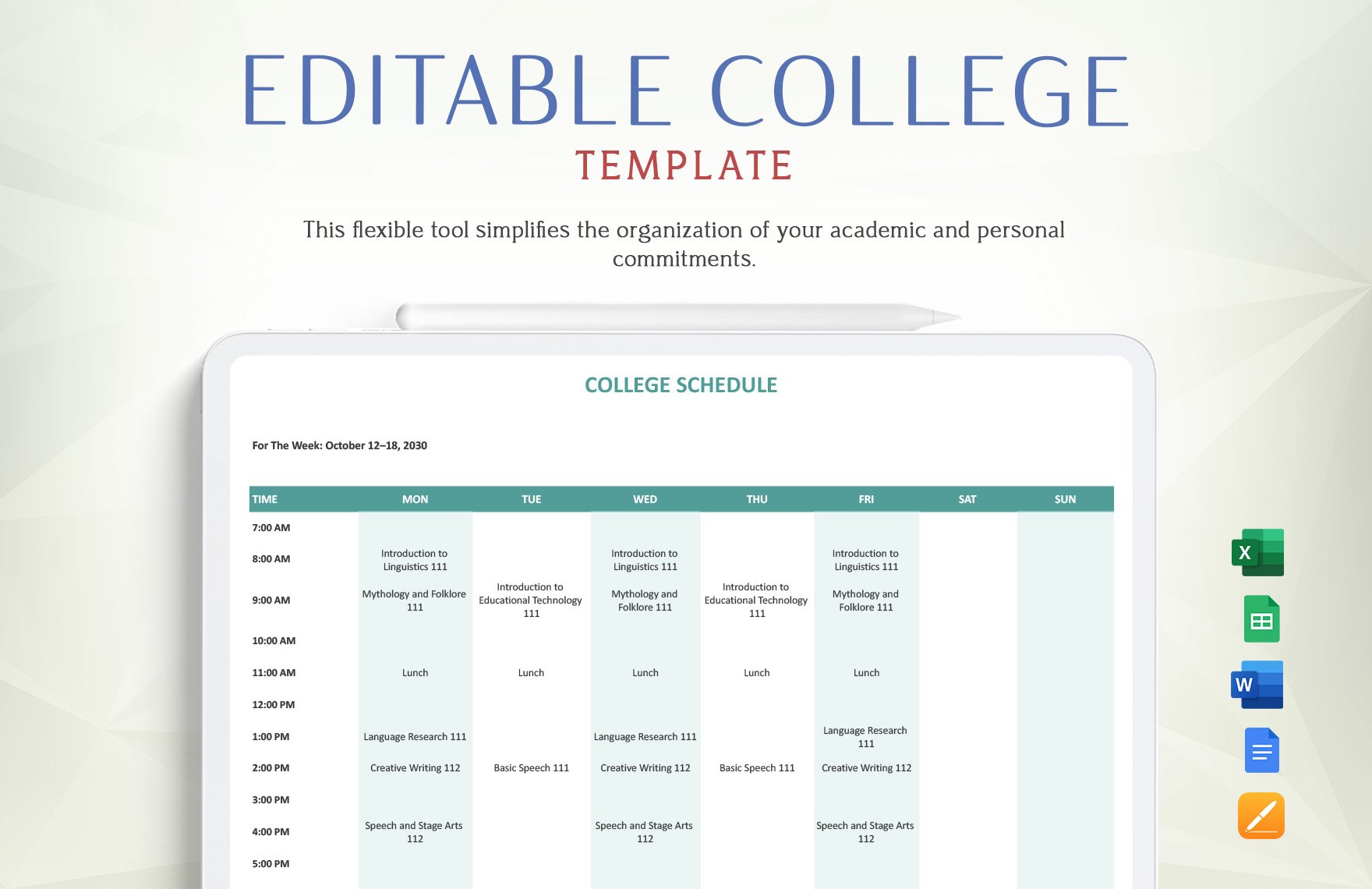 Editable College Schedule Template in Word, Google Docs, Excel, Google Sheets, Apple Pages