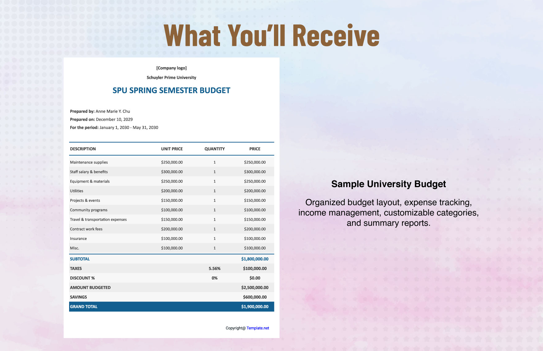 Sample University Budget Template