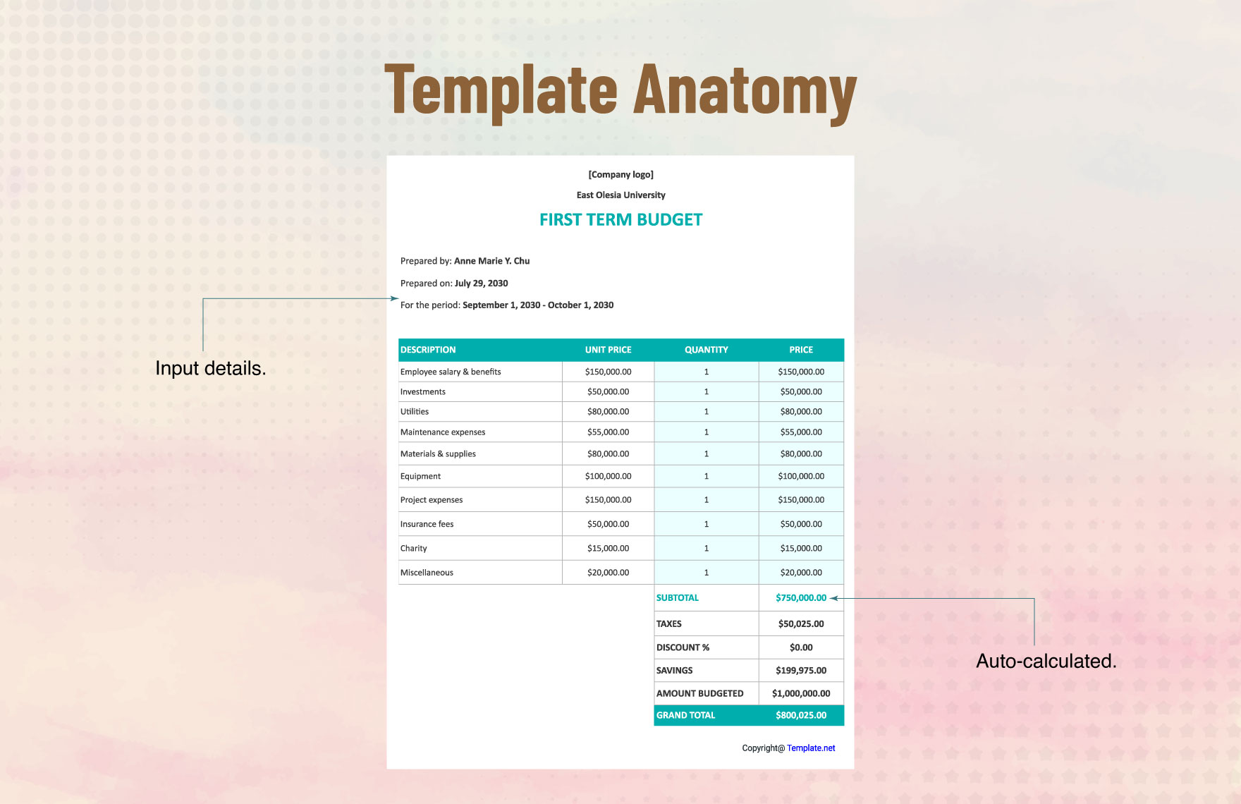 Simple University Budget Template