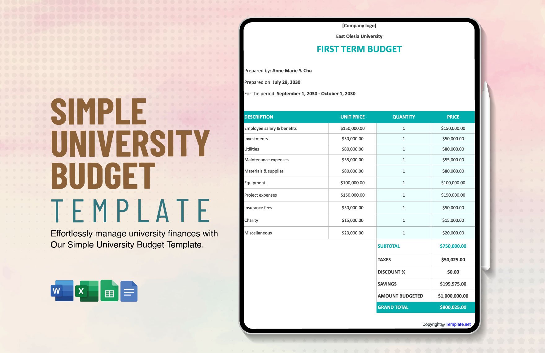Simple University Budget Template in Word, Google Docs, Excel, Google Sheets