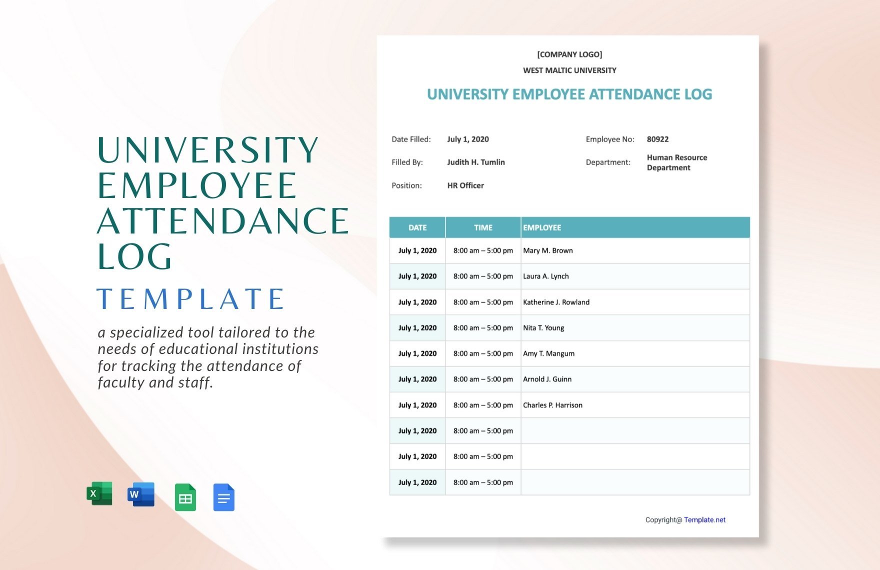 University Employee Attendance Log Template in Word, Google Docs, Excel, Google Sheets