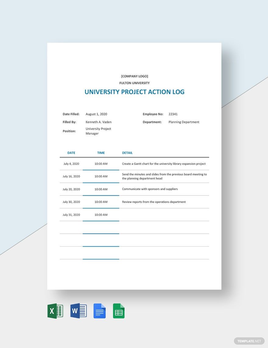 University Project Action Log Template