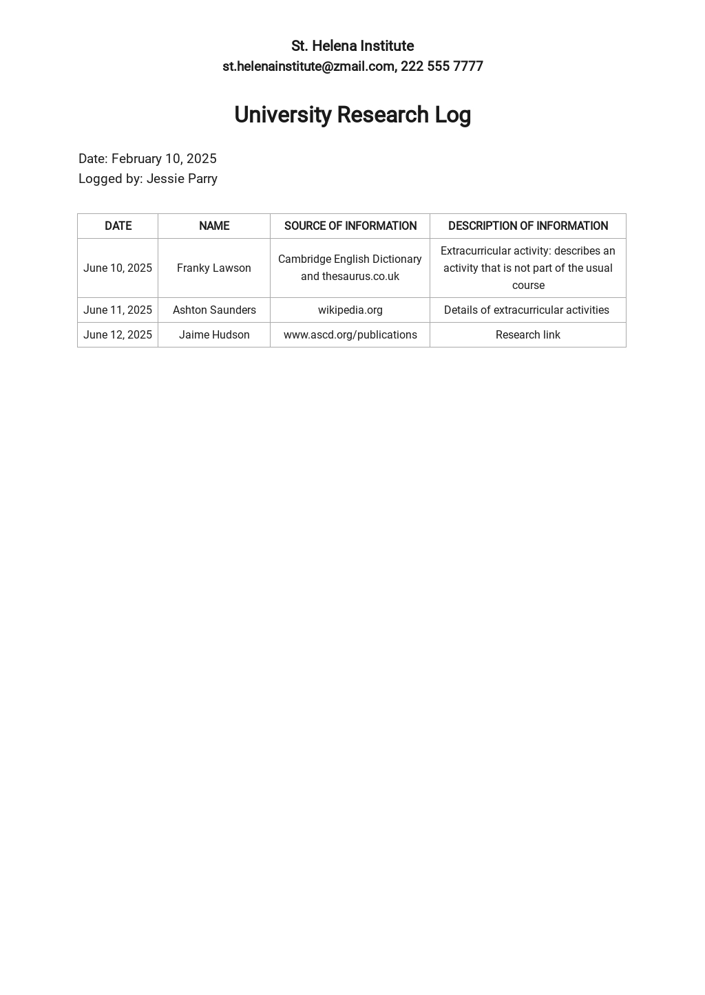 FREE University Log Templates in PDF