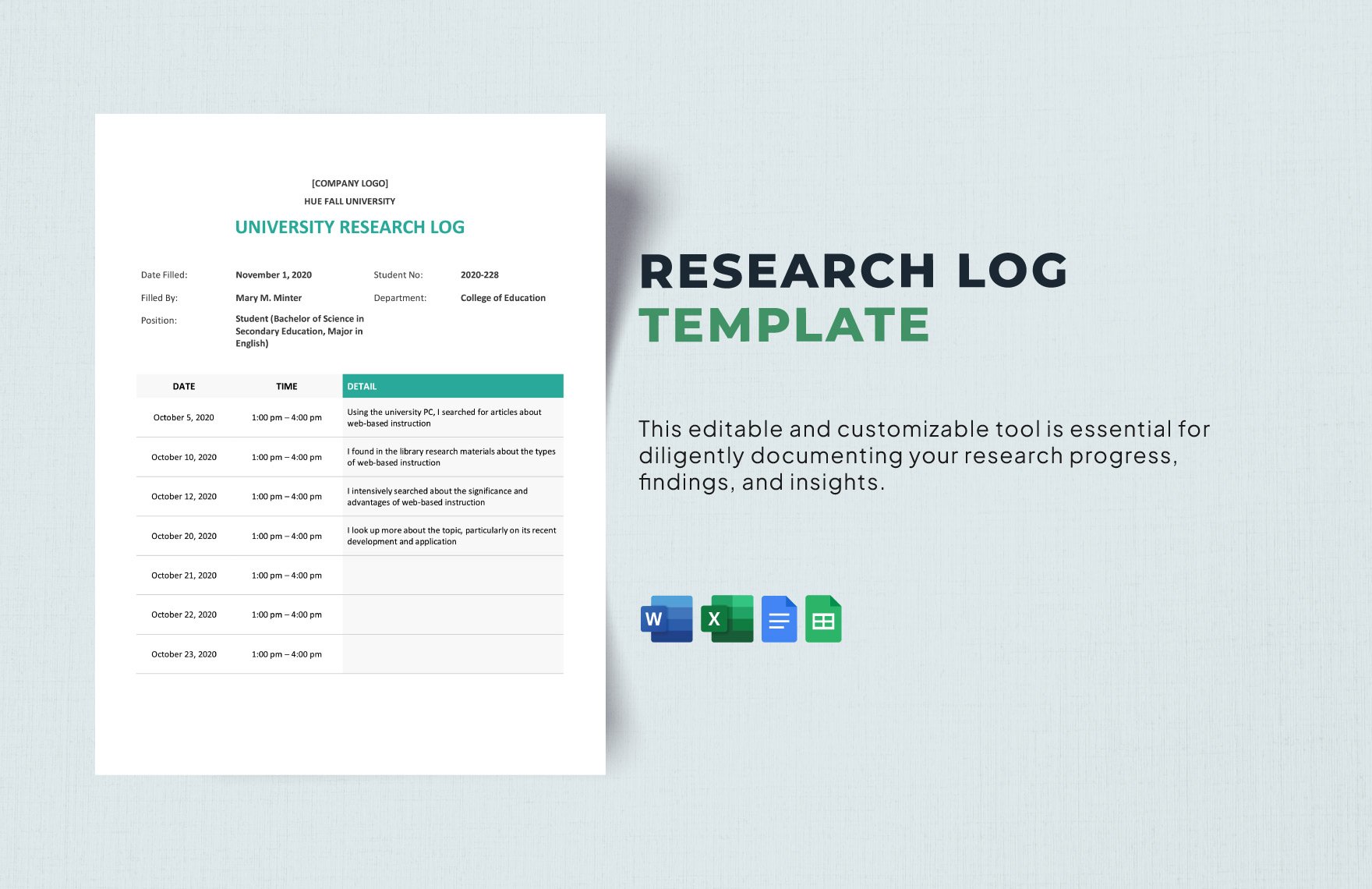 University Research Log Template in Word, Google Docs, Excel, Google Sheets