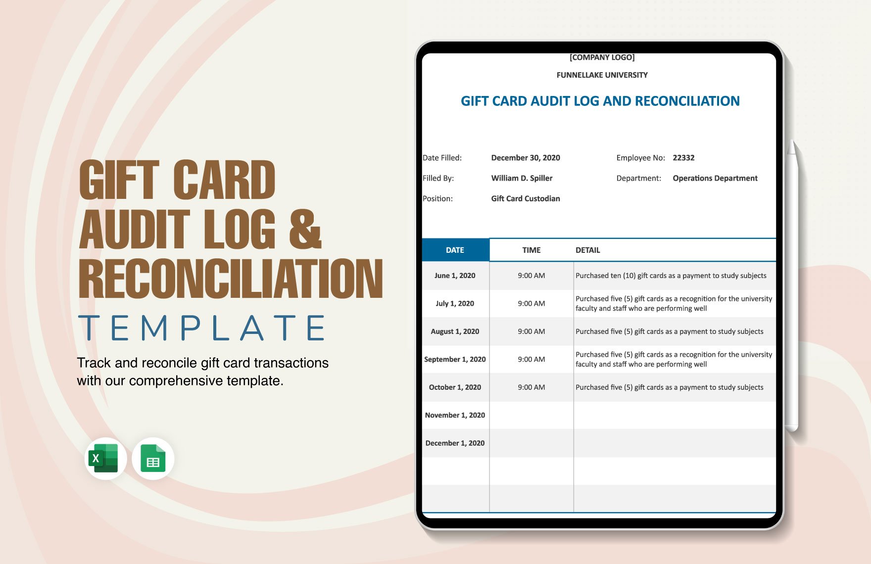 Gift Card Audit Log & Reconciliation Template in Word, Google Docs, Excel, Google Sheets