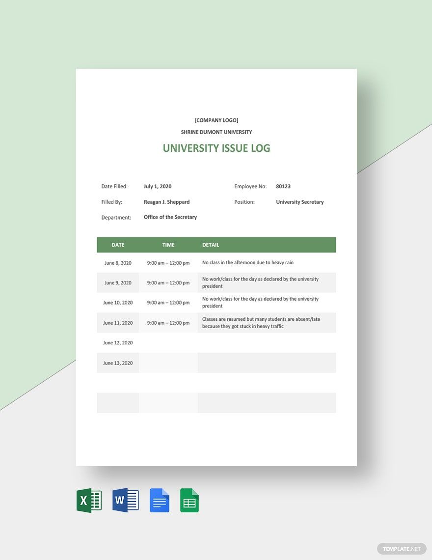 University Issue Log Template in Word, Google Docs, Excel, Google Sheets
