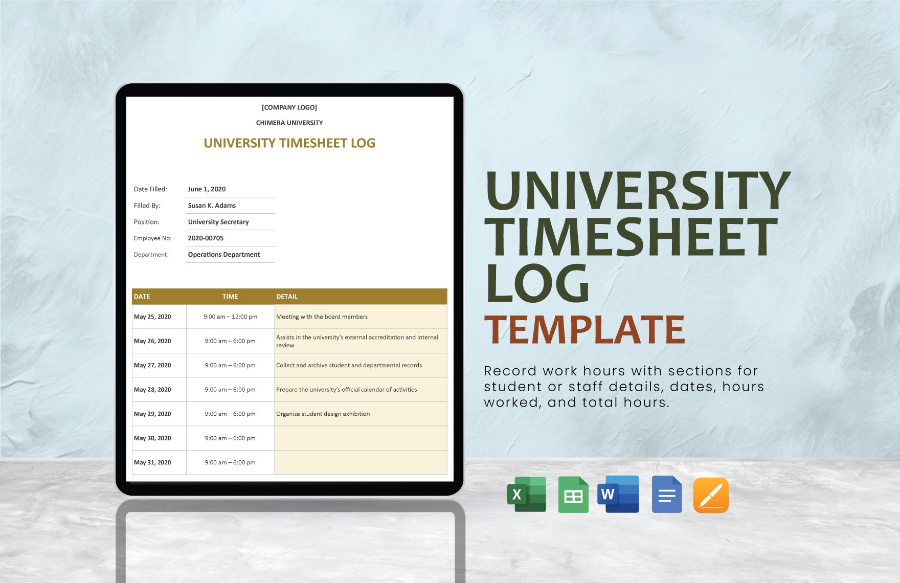 University Timesheet Log Template in Word, Excel, Google Sheets, Google Docs, Apple Pages - Download | Template.net