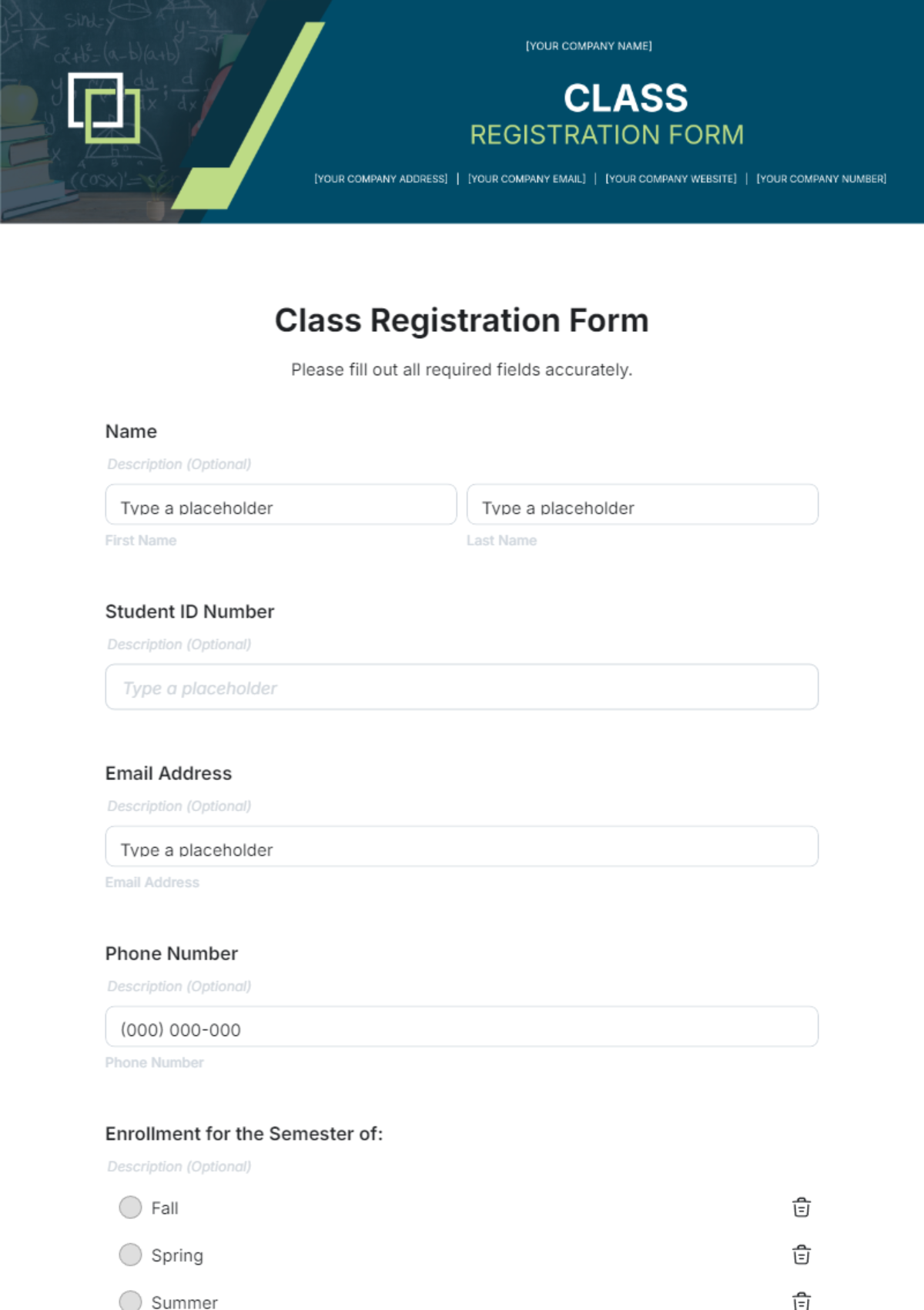 Free Class Registration Form Template