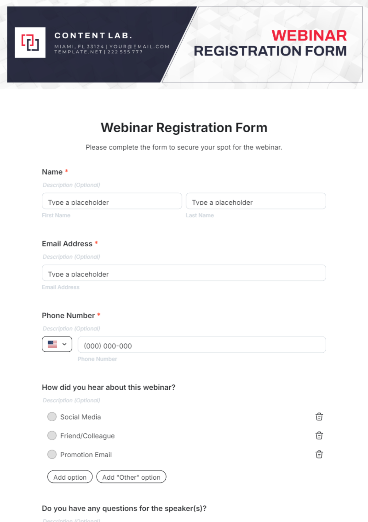 Free Webinar Registration Form Template