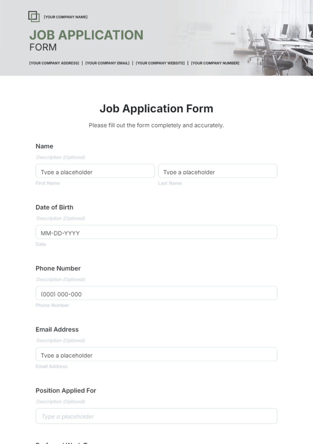 Free Job Application Form Template