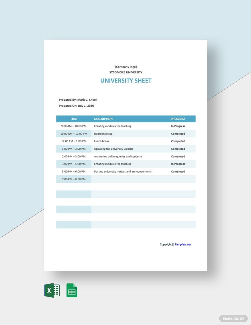 University Sheet Template