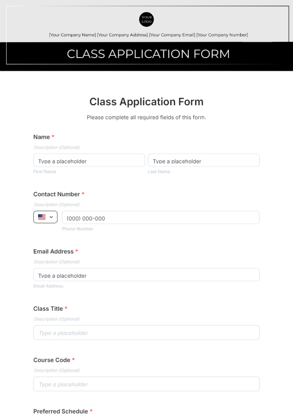 Free Class Application Form Template