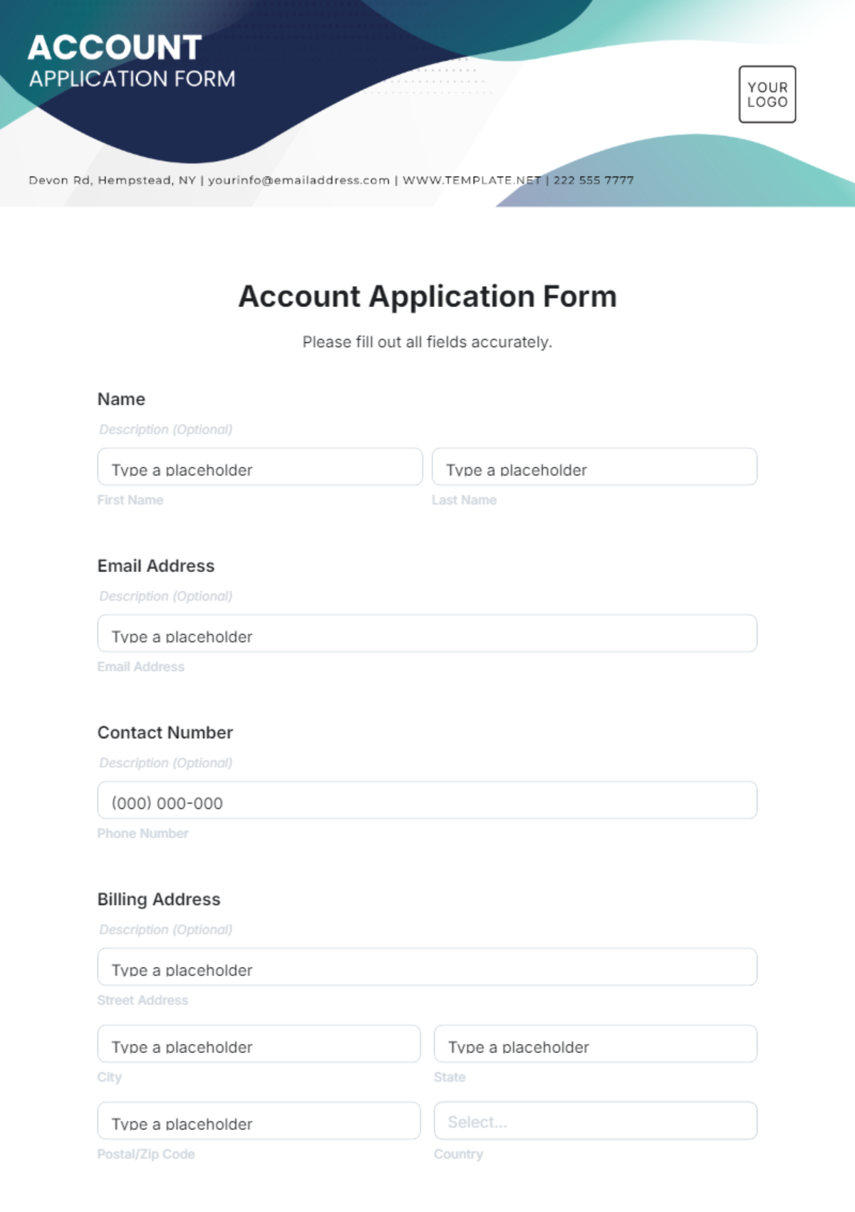 Free Account Application Form Template