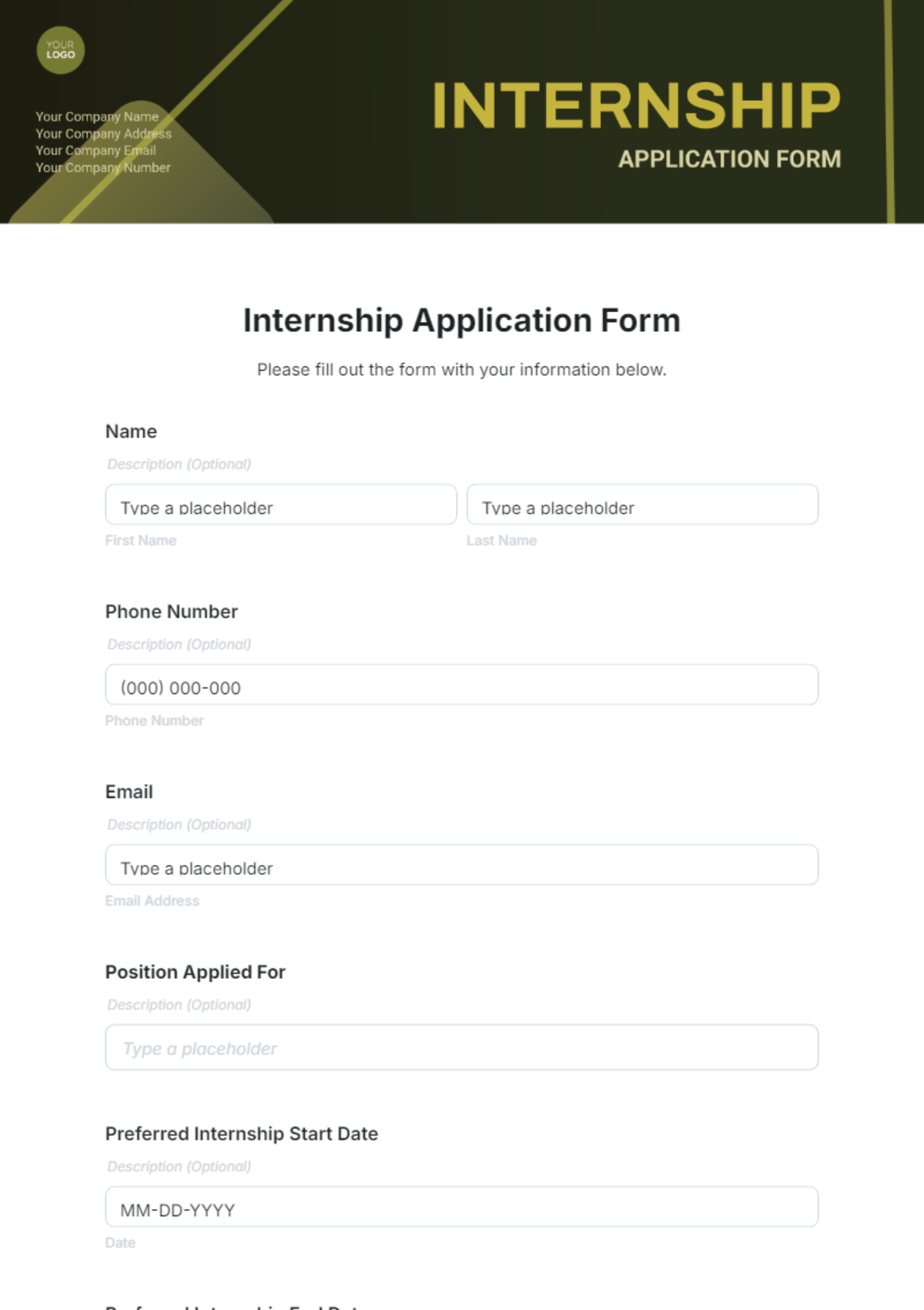 Free Internship Application Form Template