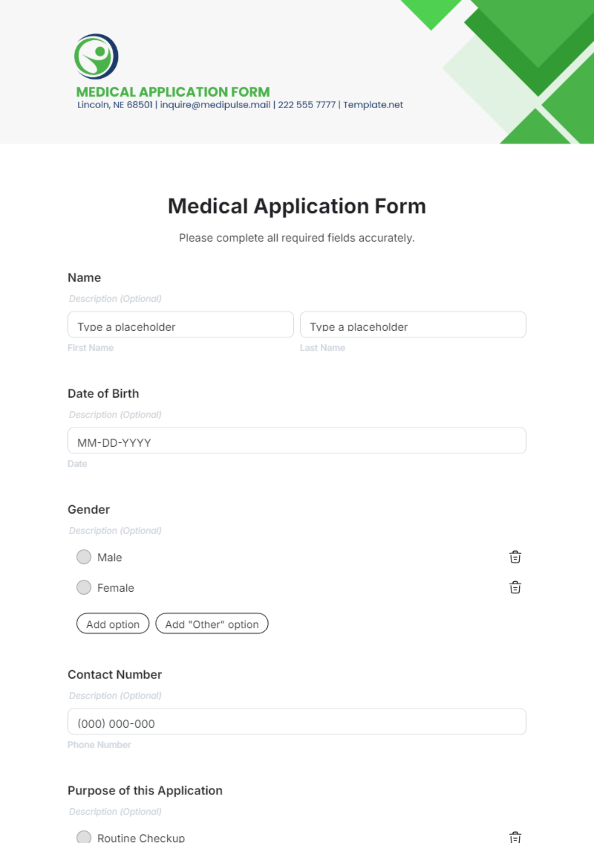 Free Medical Application Form Template