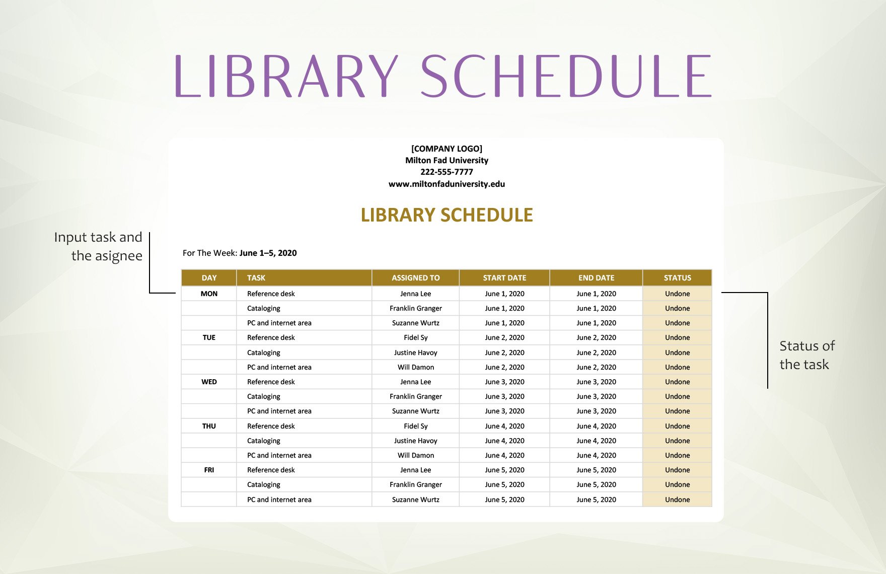 Library Schedule Template