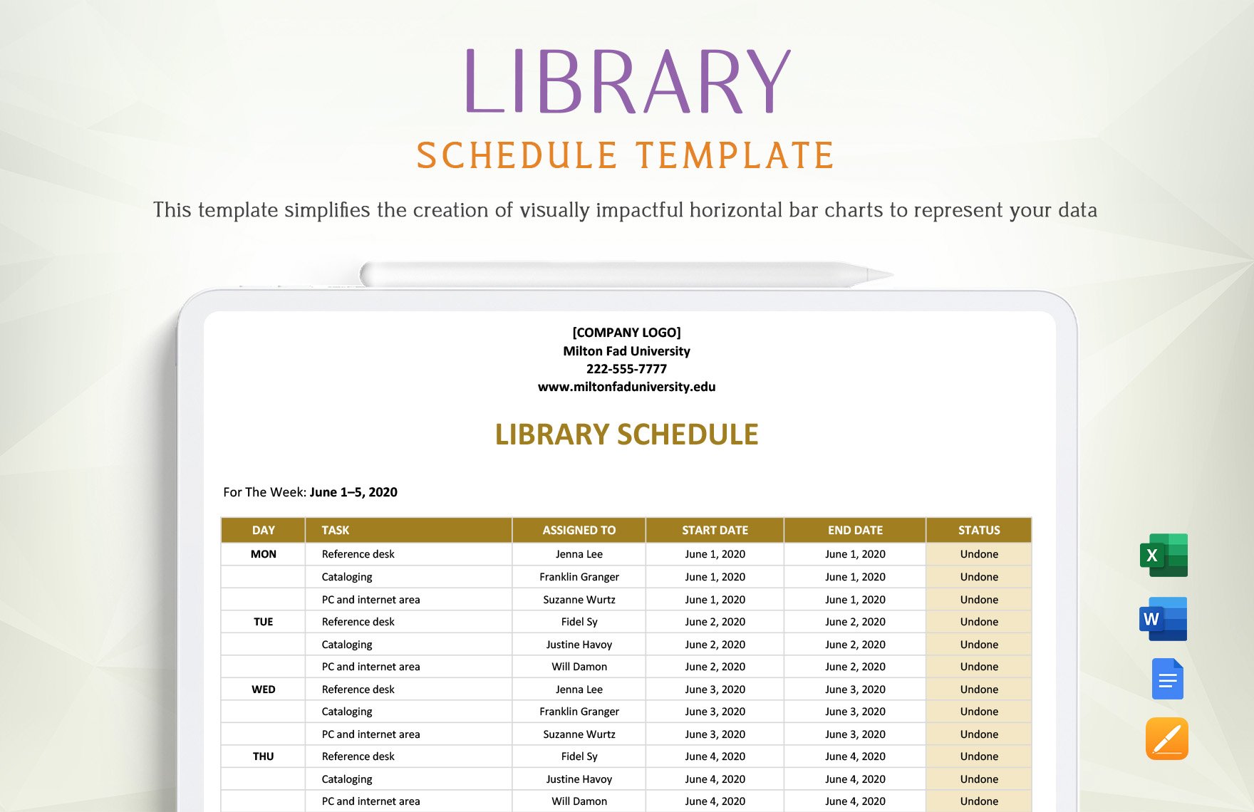 Library Schedule Template in Word, Google Docs, Excel, Apple Pages