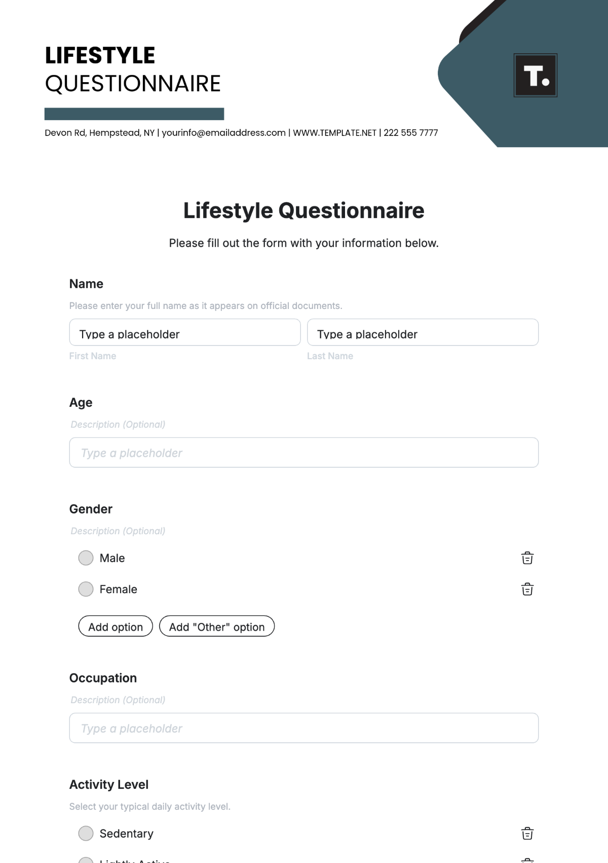 Free Lifestyle Questionnaire Template