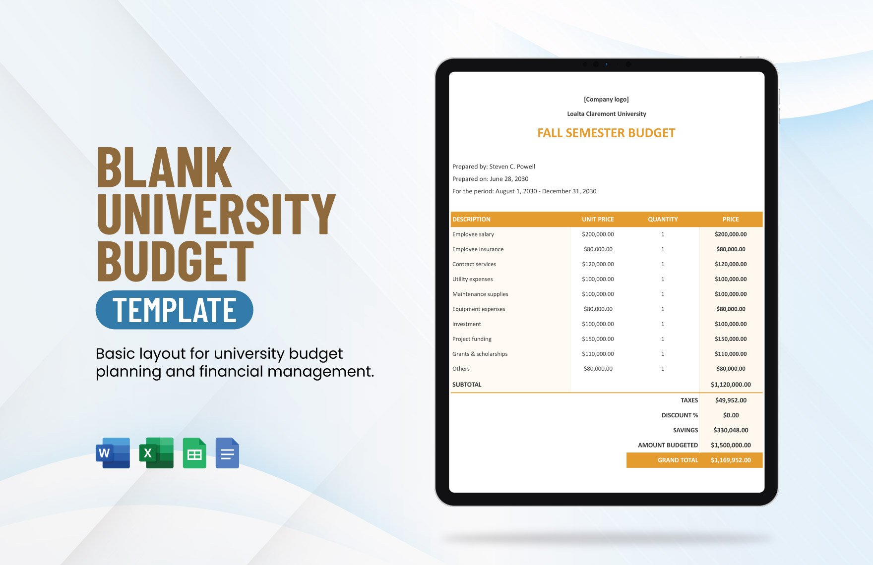 Blank University Budget Template in Word, Google Docs, Excel, Google Sheets