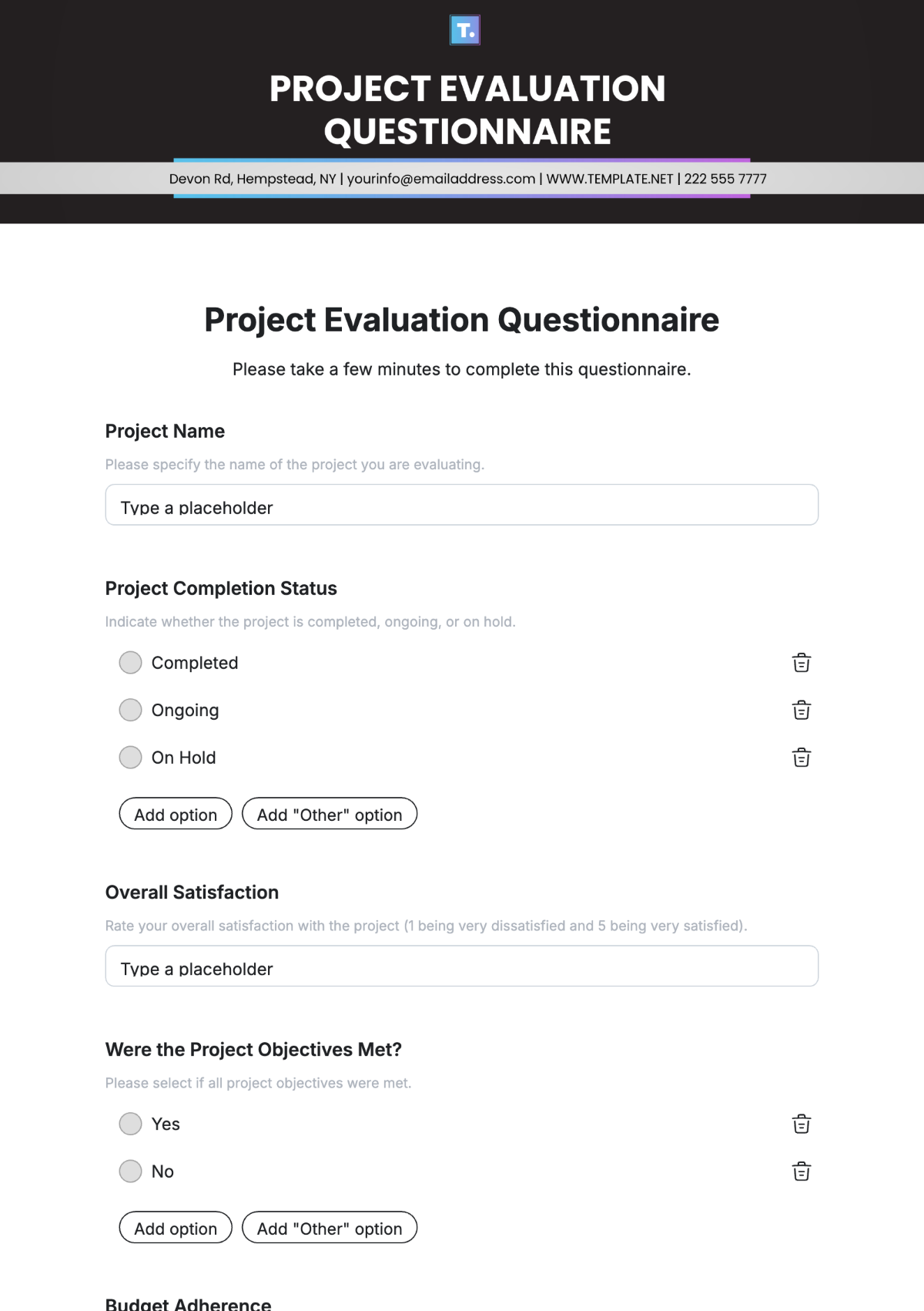 Free Project Evaluation Questionnaire Template