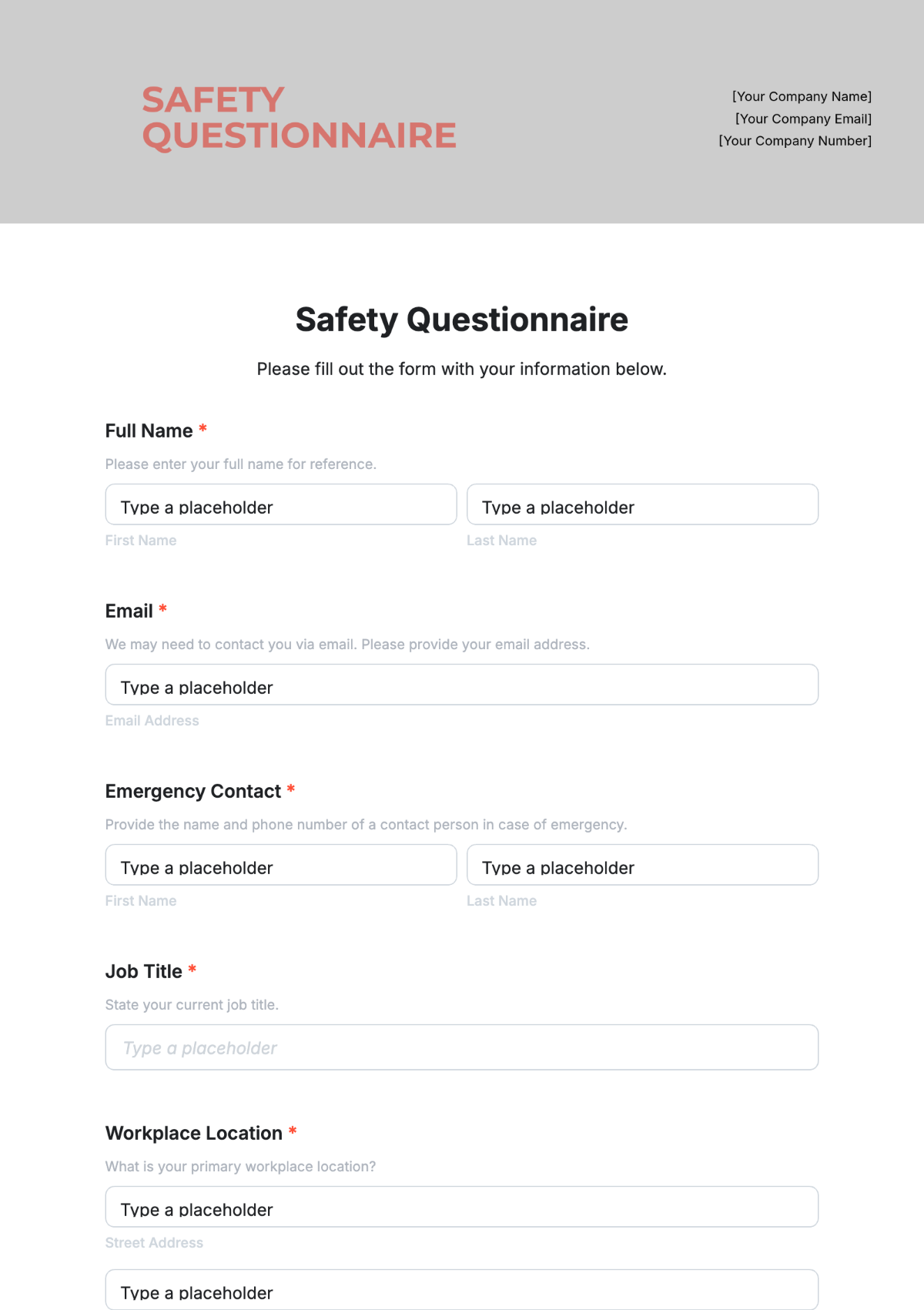 Free Safety Questionnaire Template