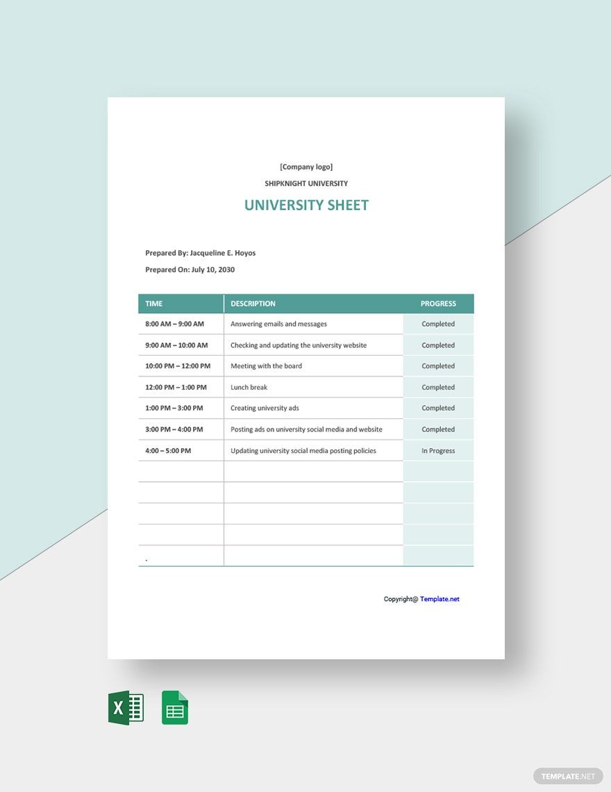 Sample University Sheet Template in Word, Google Docs, Excel, Google Sheets