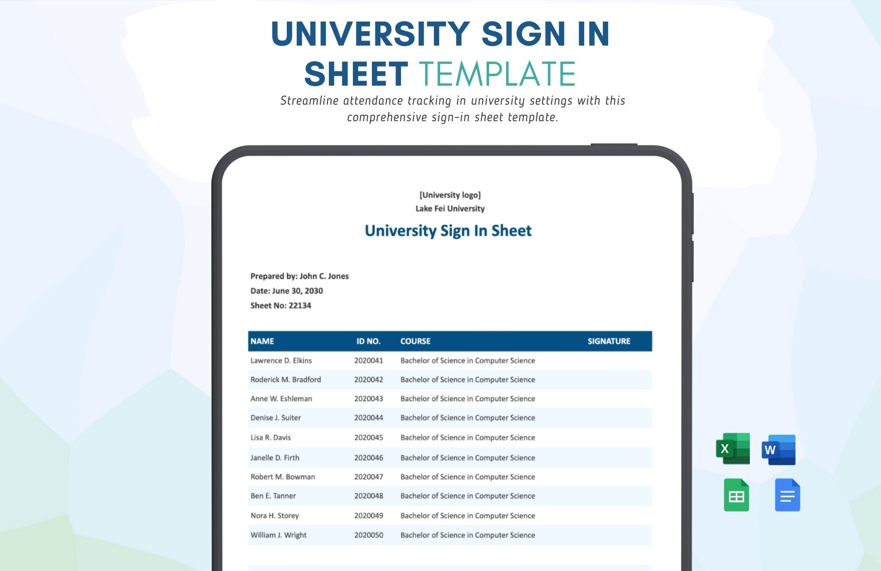 University Sign In Sheet Template