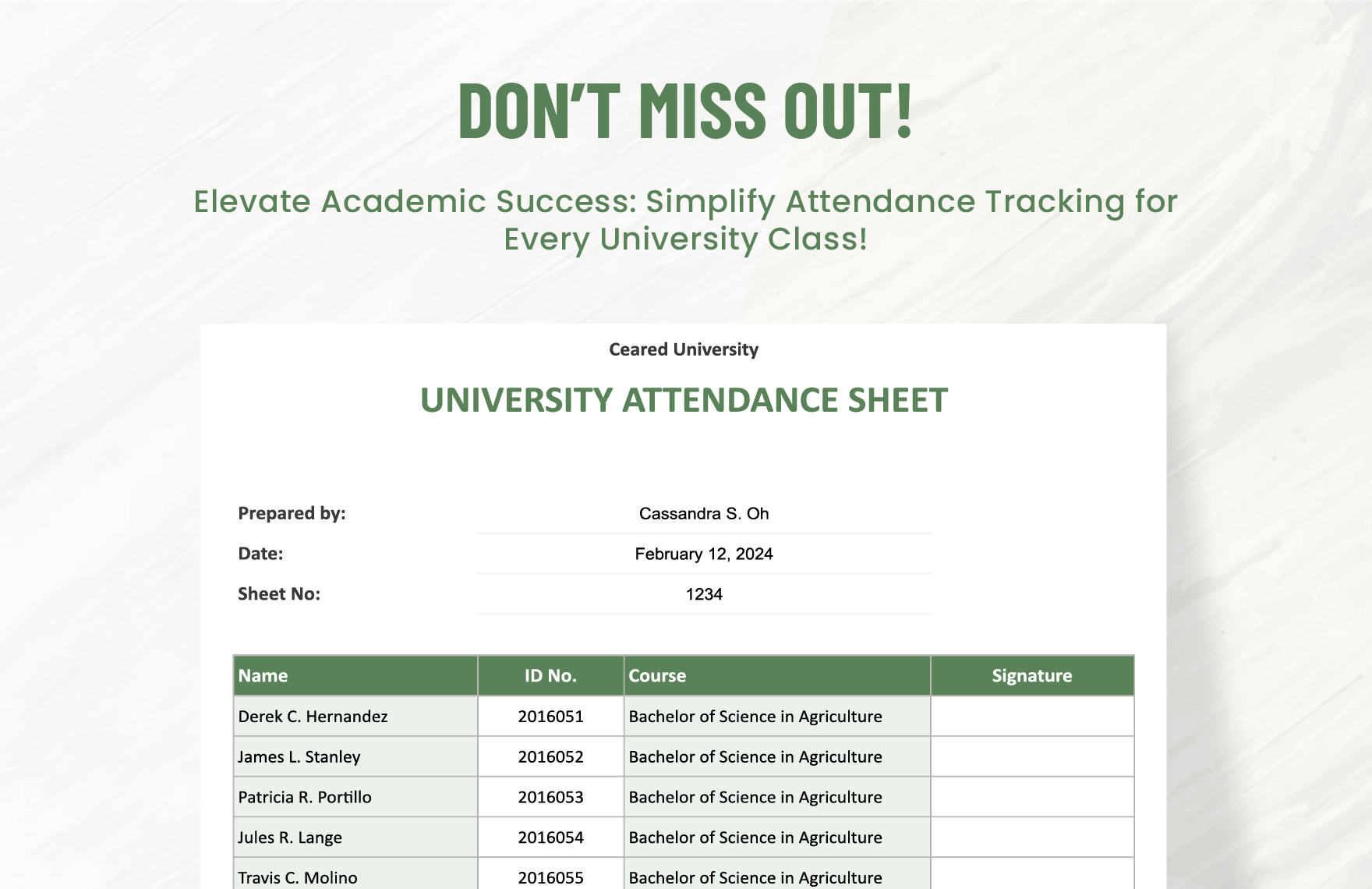 University Attendance Sheet Template