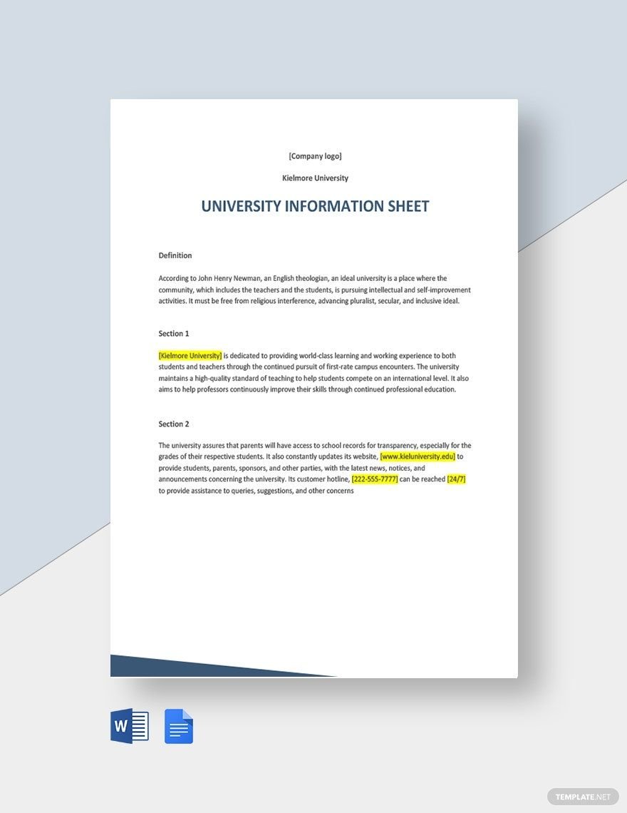 Free University Information Sheet Template