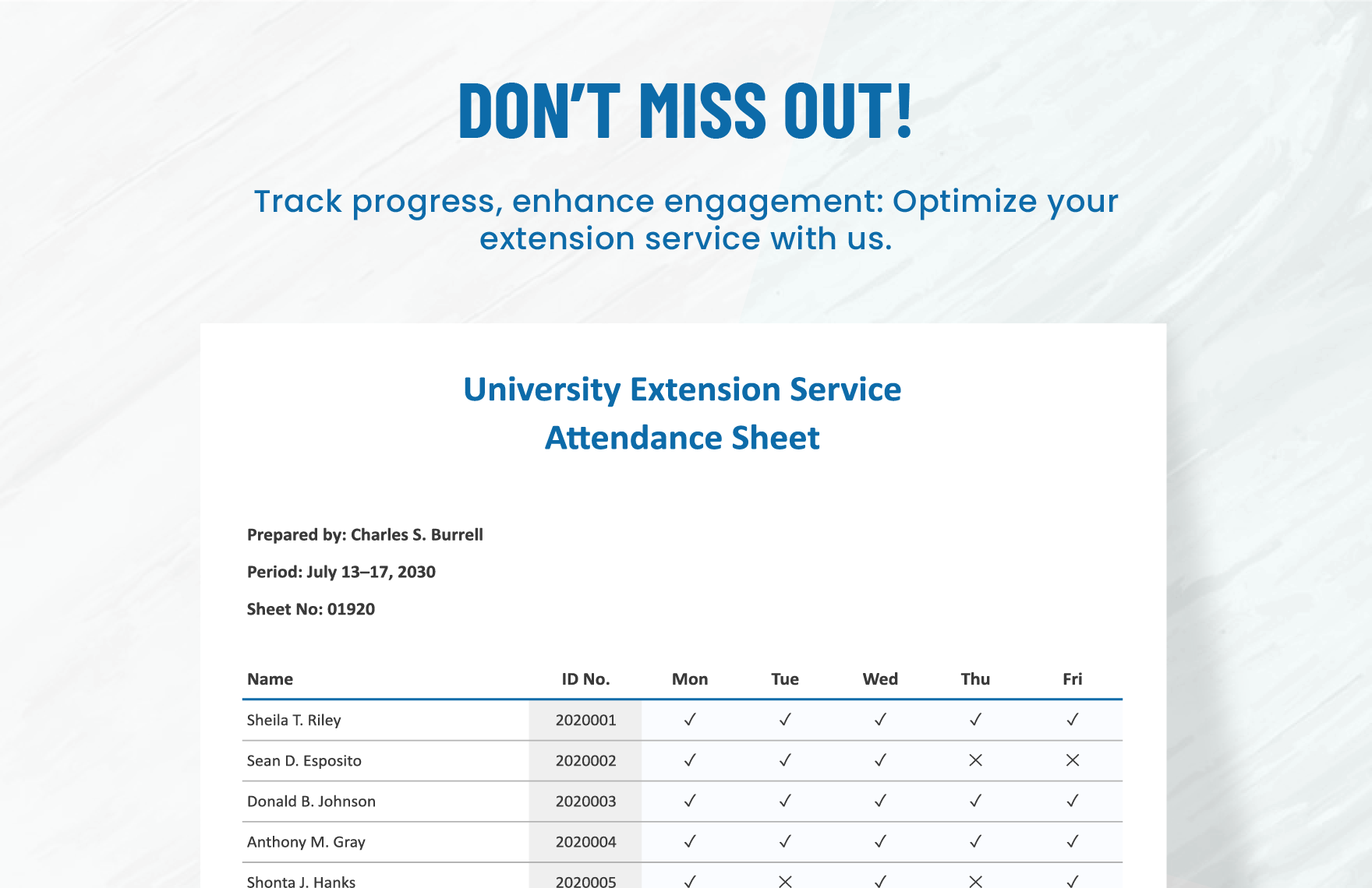 University Extension Service Attendance Sheet Template