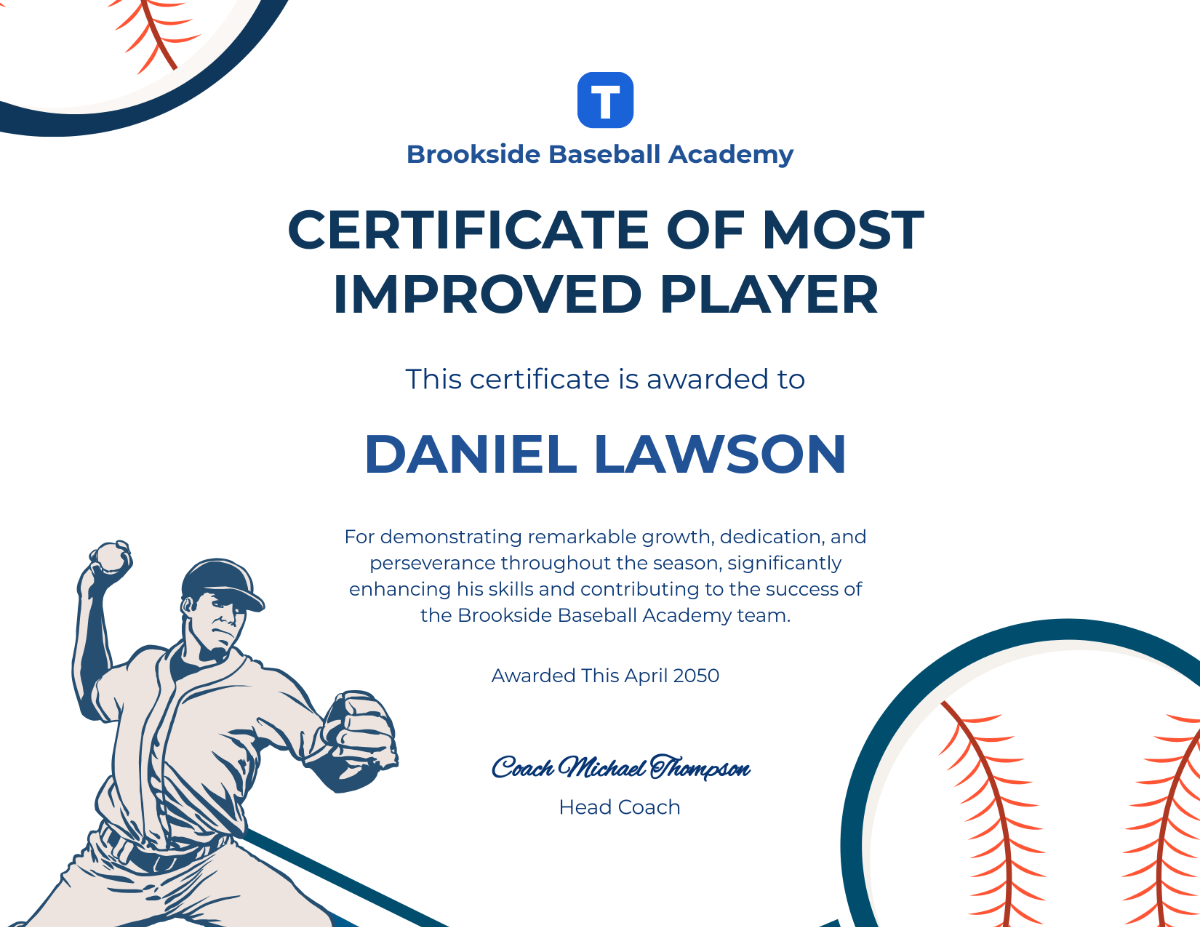 Free Baseball Most Improved Player Certificate Template