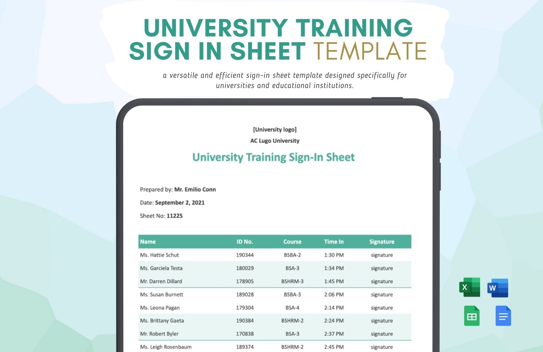 University Training Sign In Sheet Template