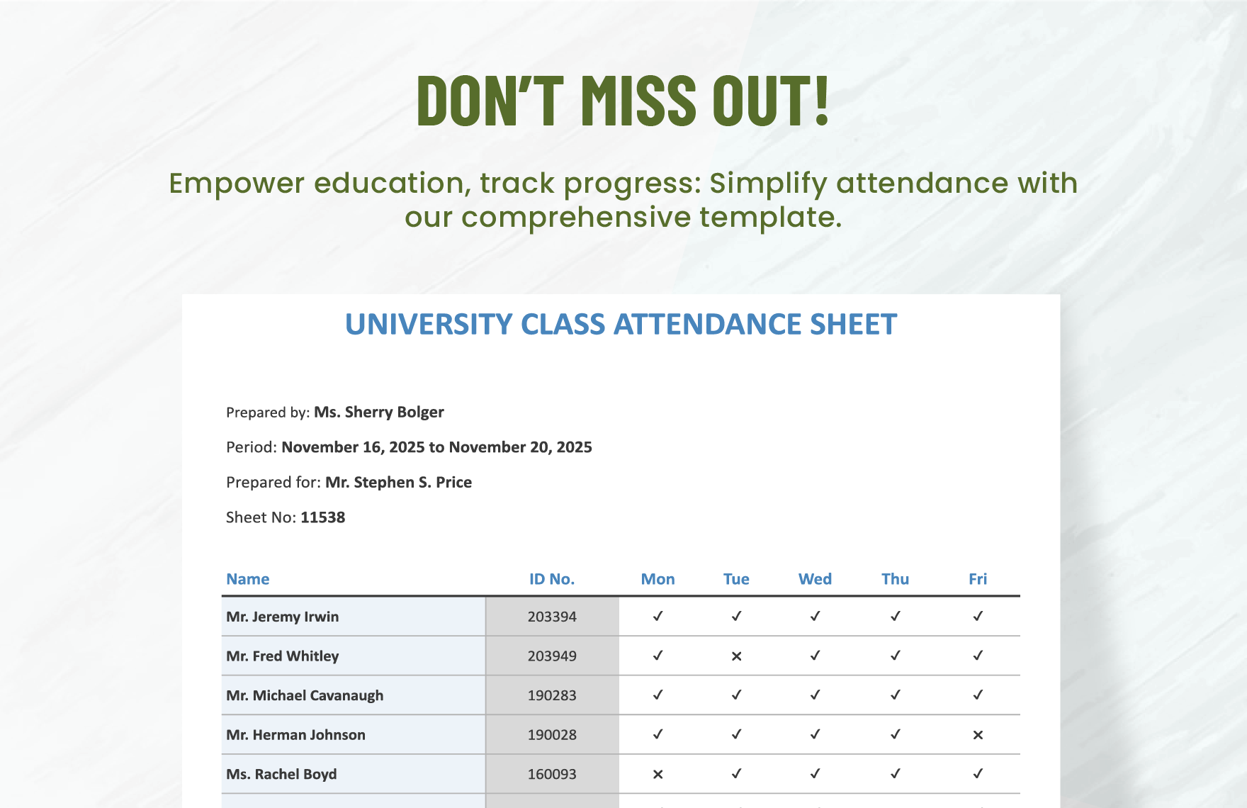University Class Attendance Sheet Template