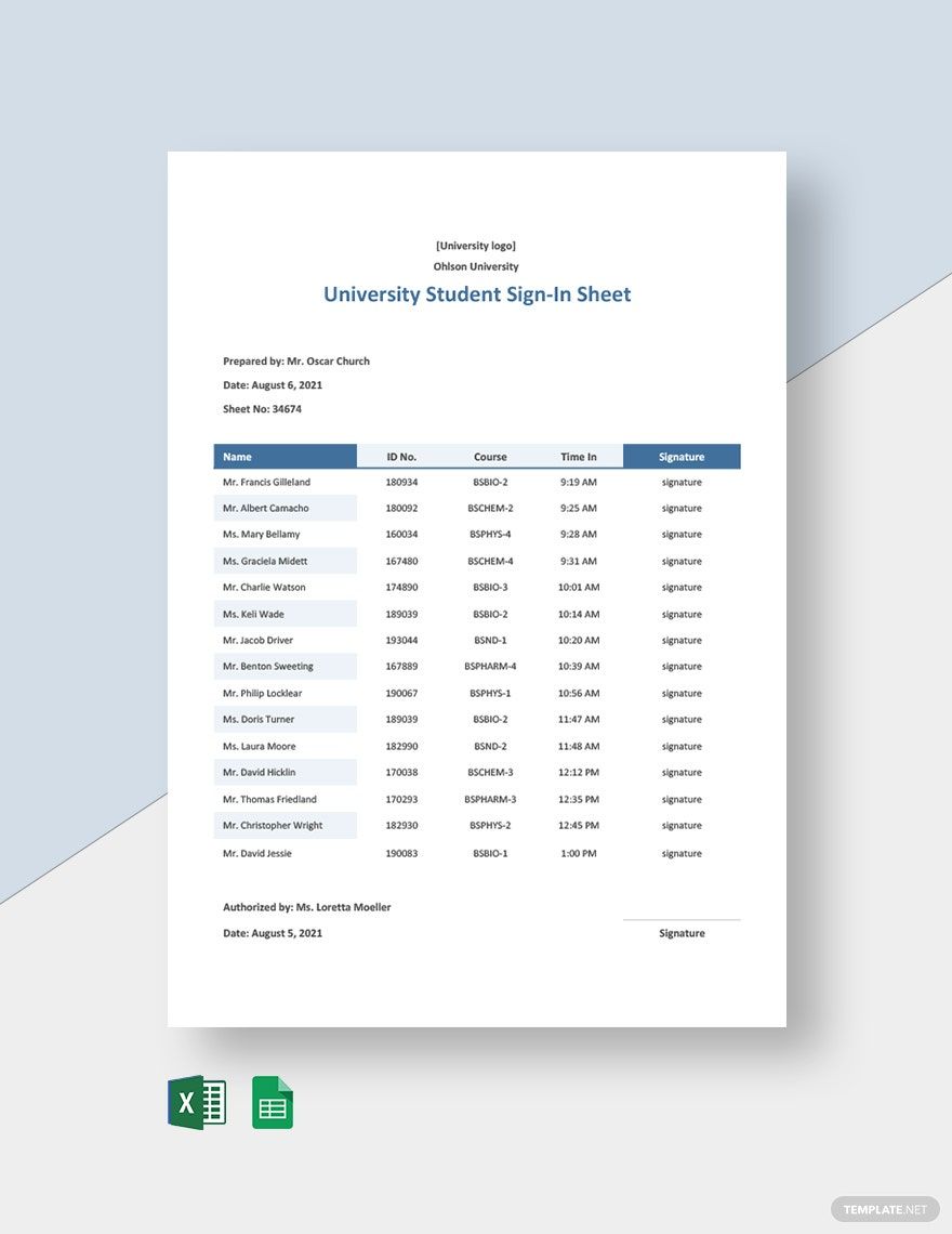University Student Sign In Sheet Template