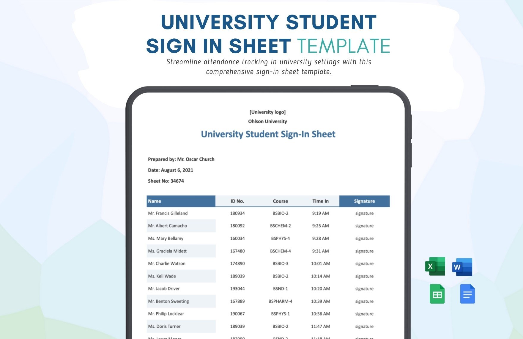 University Student Sign In Sheet Template