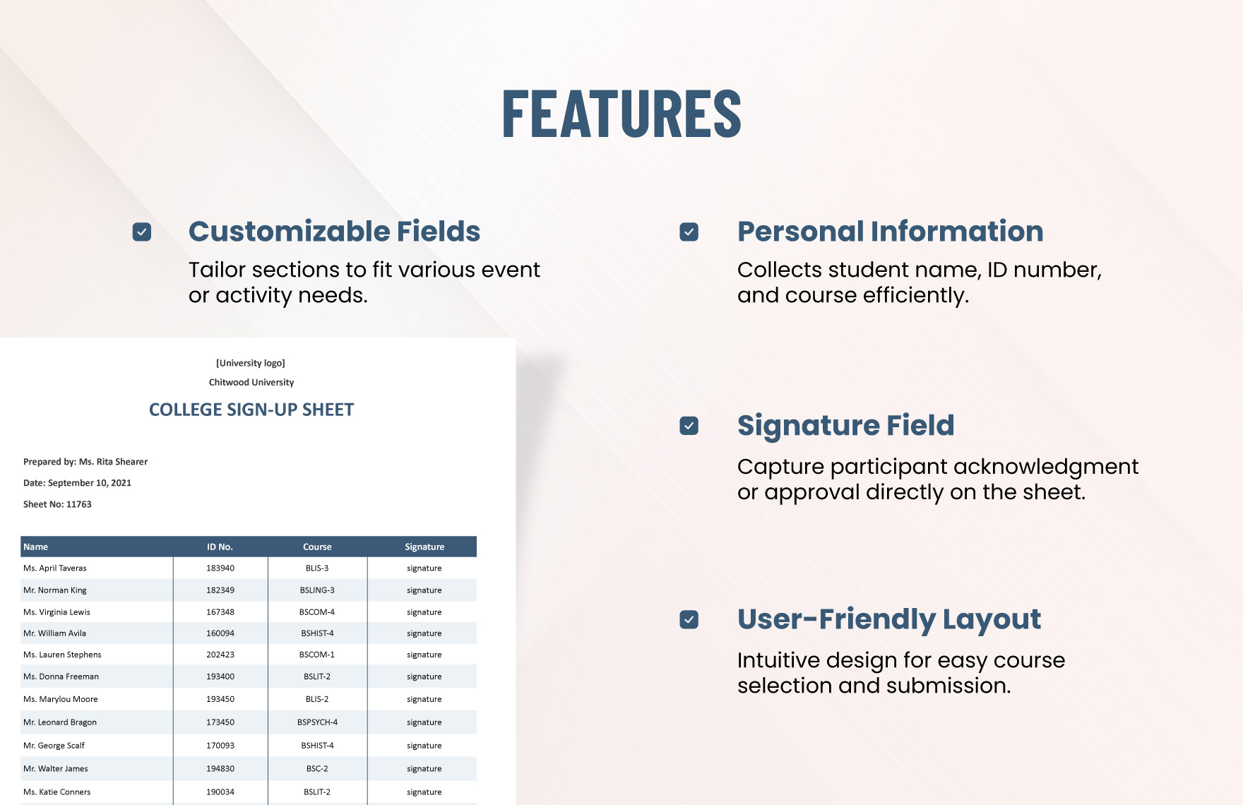 College Sign Up Sheet Template