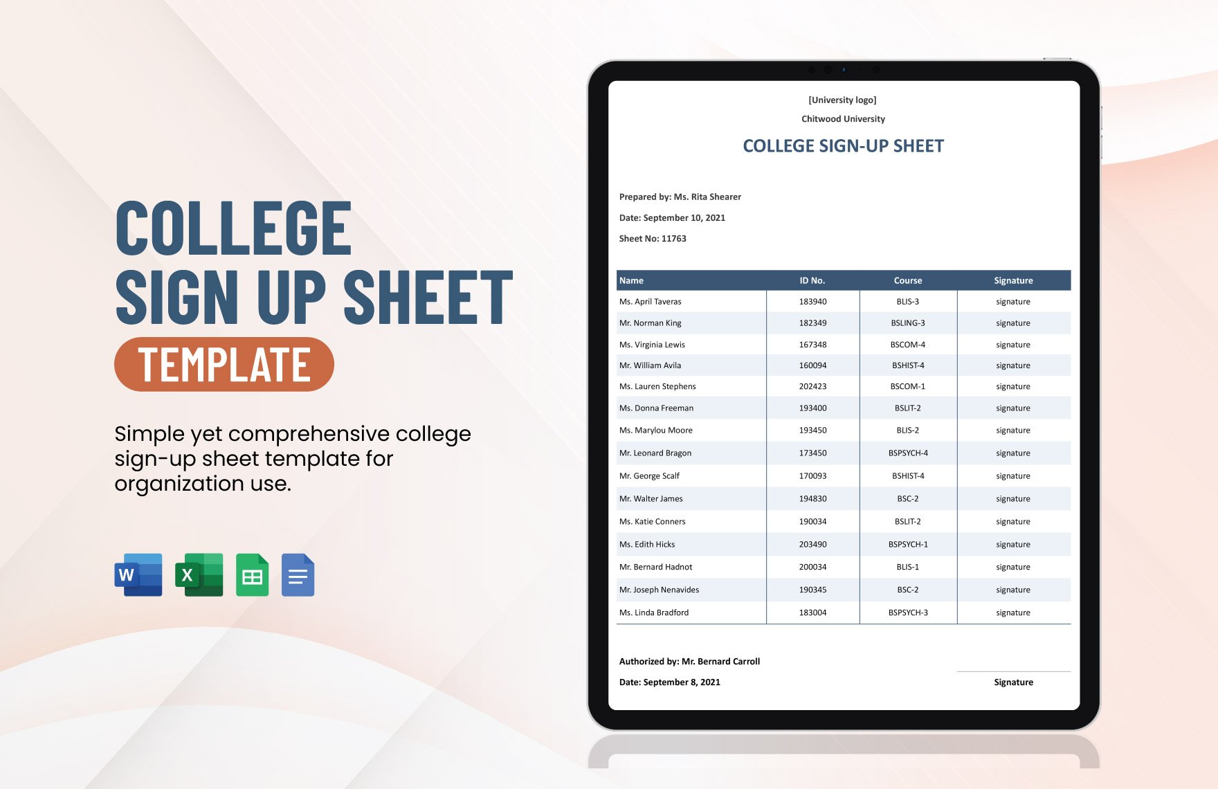 College Sign Up Sheet Template in Word, Google Docs, Excel, Google Sheets