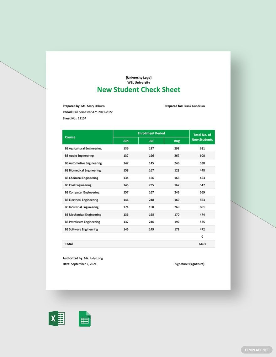 New Student Check Sheet Template