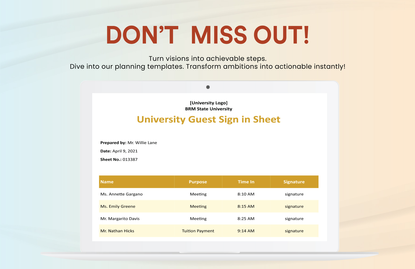 University Guest Sign in Sheet Template