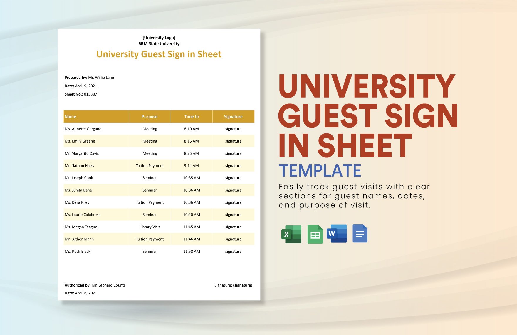 University Guest Sign in Sheet Template in Word, Google Docs, Excel, Google Sheets